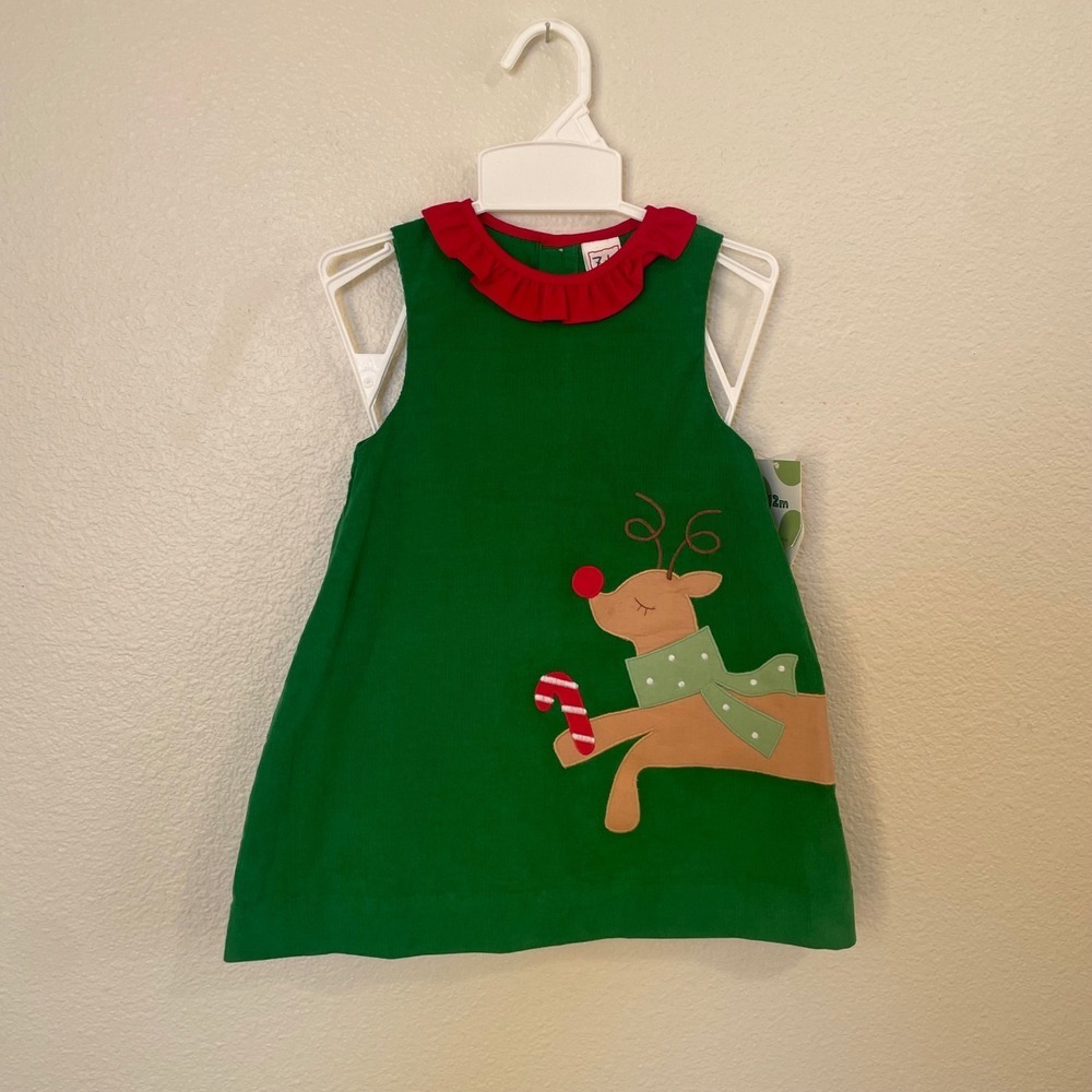Baby Girls 12 Month Green Corduroy Reindeer Candy Cane Holiday Dress Bloomer Set